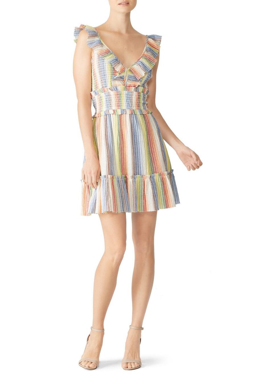 Saylor Alma Rainbow Striped Ruffled V-Neck Sleeveless Mini Dress Size L
